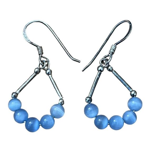 Vintage Sterling Silver Blue Cat’s Eye Beads Earrings Drop Dangle MC 925 - Picture 5 of 5